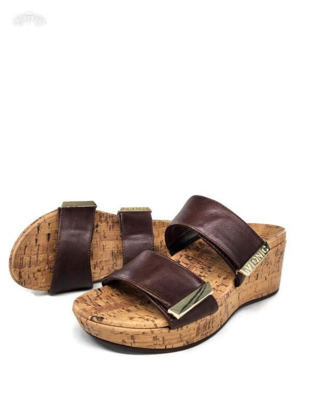 Vionic Pepper Brown Leather Double Strap Open-Toe Slide-On Cork Wedge Sandals